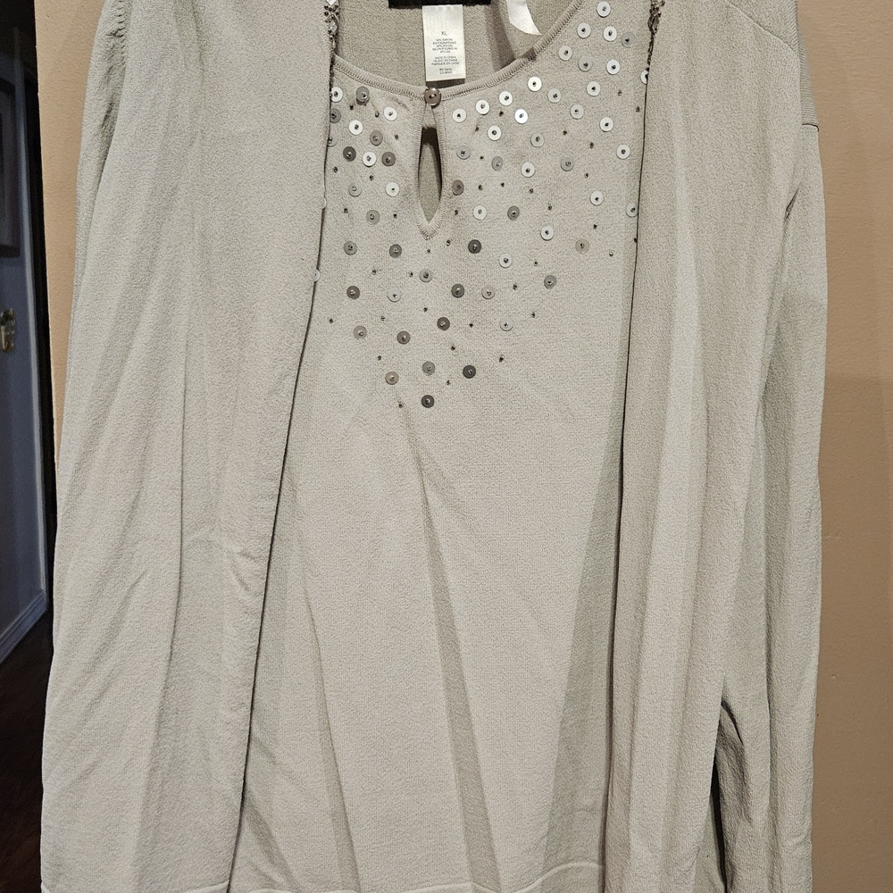 2 Piece Top and Cardigan Set with Sequin and Beaded Detail